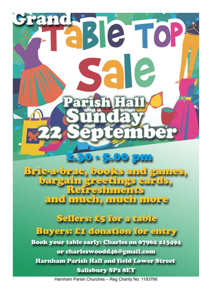 Table Top Sale at Parish Hall 22 September 2024 2.30 to 5.00pm